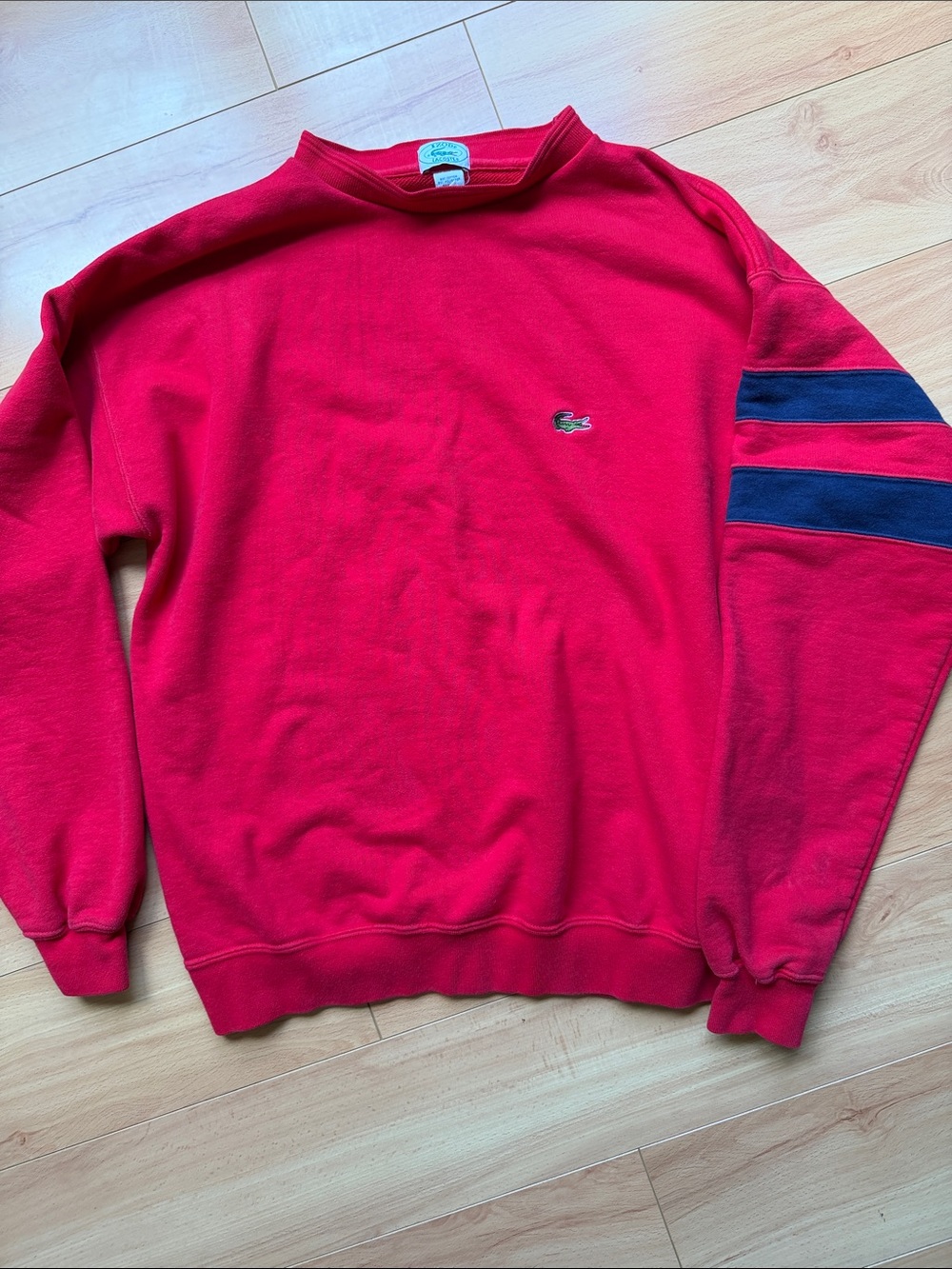 Lacoste Red Crewneck Sweatshirt with Navy Sleeve Stripes